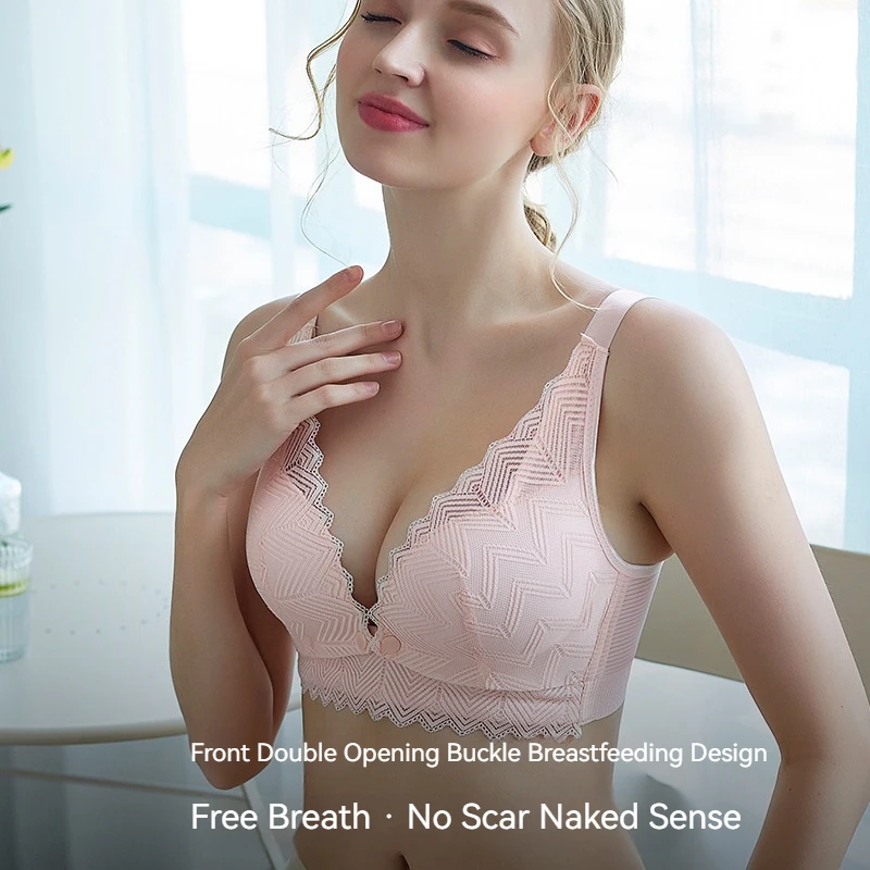 

Women's Non Steel Ring Gathered Front Open Button breas Tfeeding Bra with Lace pregnant breastfeeding Thinand Anti Sagging Bra