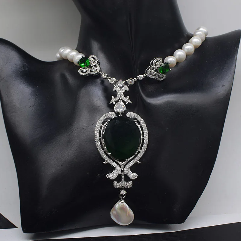 freshwater pearl  white biwa drop baroque reborn keshi green jade pendant sweater necklace - view 6
