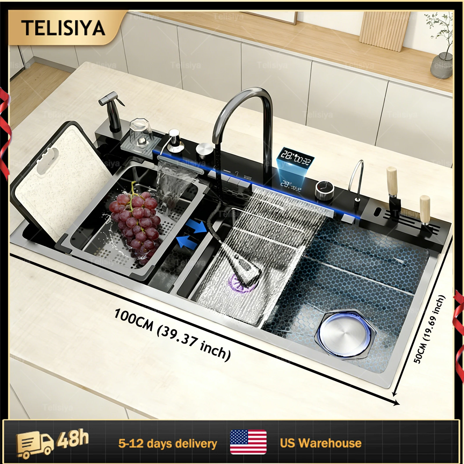 

100x50cm Stainless Steel Waterfall Kitchen Sink Digital DisplayExtra Large Single Slot Multifunctional Sinks 39.37*19.69 inch