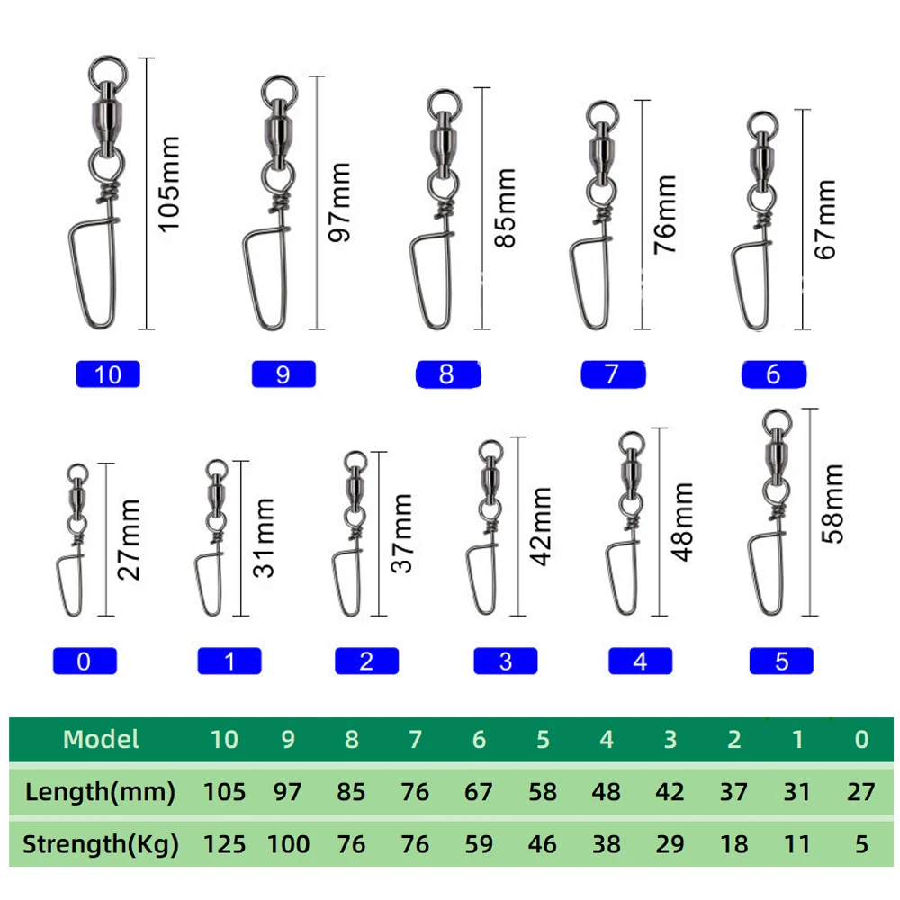 DNDYUJU 5 To 10X Fishing Ball Bearing Swivels Stainless Steel Arc Snap Fishing Lure Connector Fishing Accessories FishHook Tools