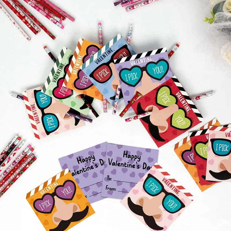 Funny Nose Picking Valentines Day Gifts Set For Kids - 24 Valentines Day Cards & 24 Pencils Set - I Pick You Mustache Glasses