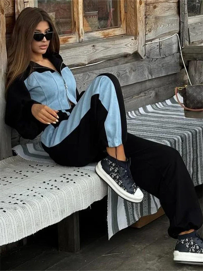 Streetwear 2 Stück Sets Frauen Outfit Herbst Kleidung Frauen Denim Patchwork Kapuzen oberteil und Hose Sets lässig Sweat suit Frau Set