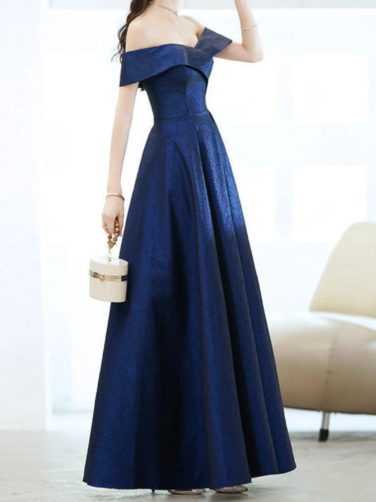 Customized Elegant Luxury Shinny Design Slash Neck Formal Dresses Simple Solid Slim Waist Draped A-line Gown Back Cross Lace Up