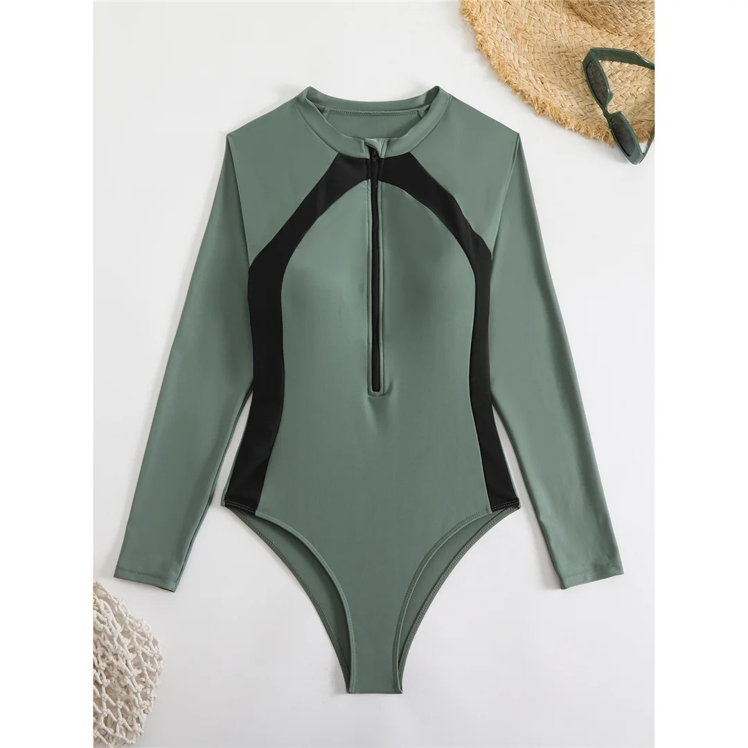 Sexy, hoch geschnittener, bedruckter, langärmliger, mit Reißverschluss versehener Surf-Rashguard, einteiliger Badeanzug, Damen-Badebekleidung, Damen-Badeanzug, Badeanzug, Modell V6285. – Detail 2