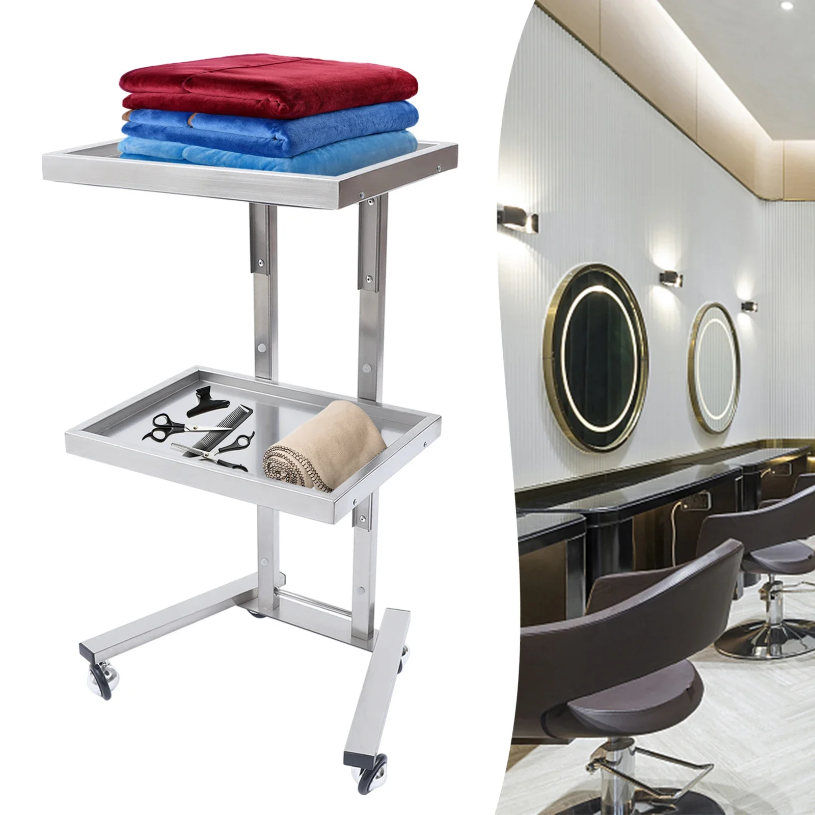 

2-Tier Rolling Tray with Wheels, Stainless Steel Hair Salon Trolley with Storage Tray, Silver