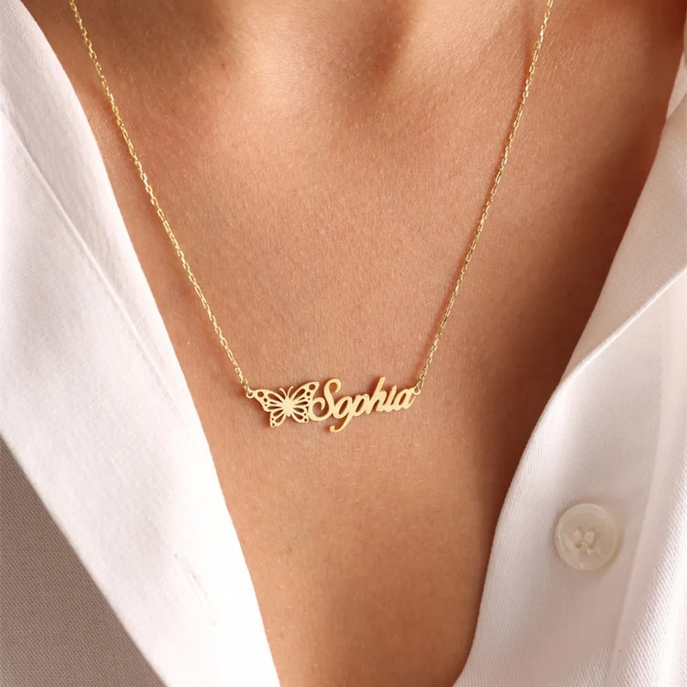 Butterfly Name Necklaces For Women Gold Color Stainless Steel Customized Name Choker Necklace Personalized Jewelry BFF Gift