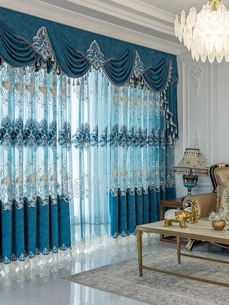 Custom 3.2m European high-grade hollowed out embroidered Chenille blue cloth blackout curtain tulle valance drape C1674*