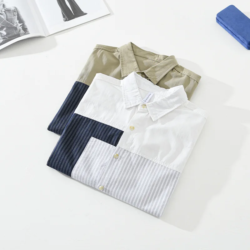 Summer Men's Short Sleeve Shirt Patchwork Stripe Casual Modal Five-Quarter Length Fashionable Color Block Design Artistic Style