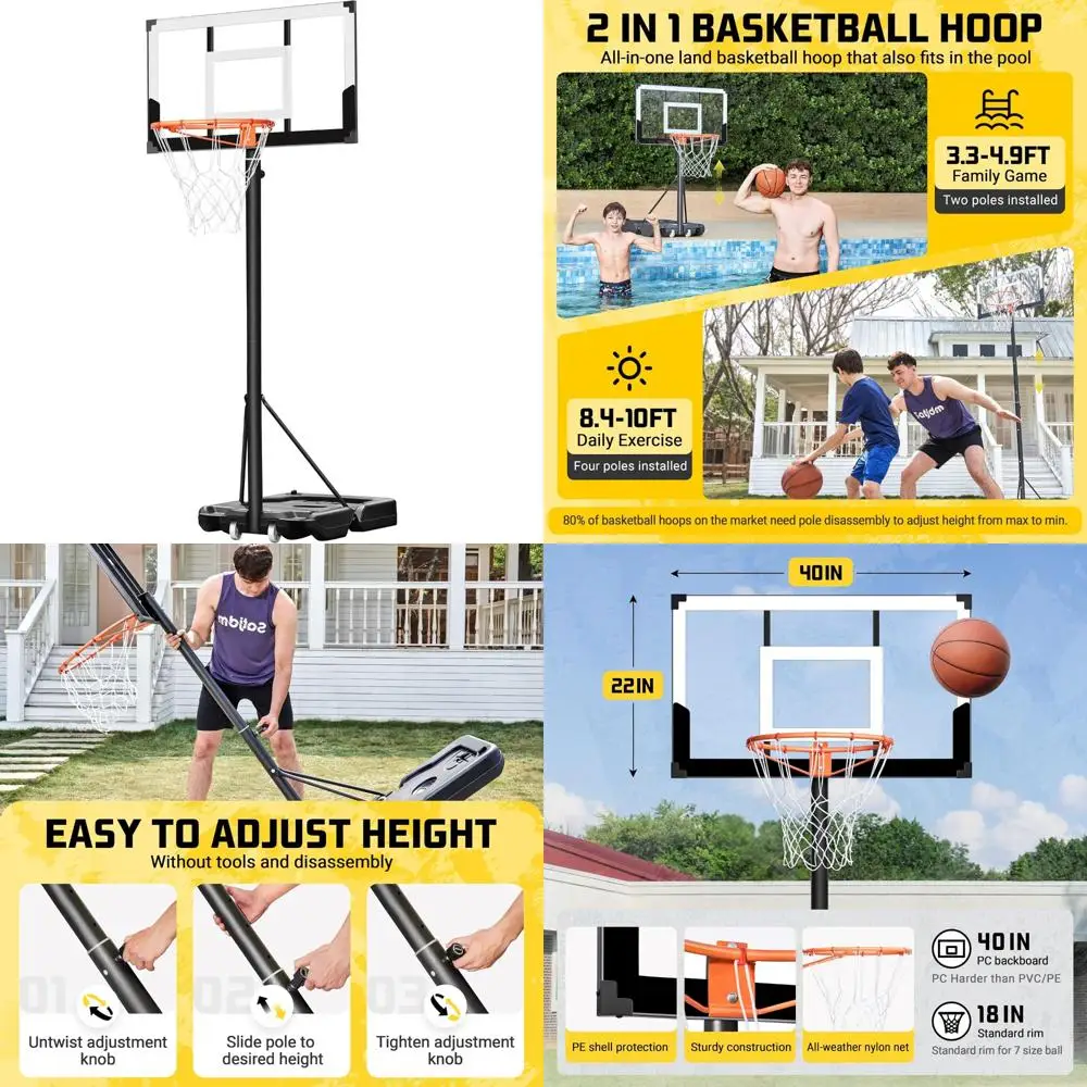 

Adjustable Height Basketball Goal System - 40 Inch Backboard, 3.3 to 10 Feet for Outdoor Use