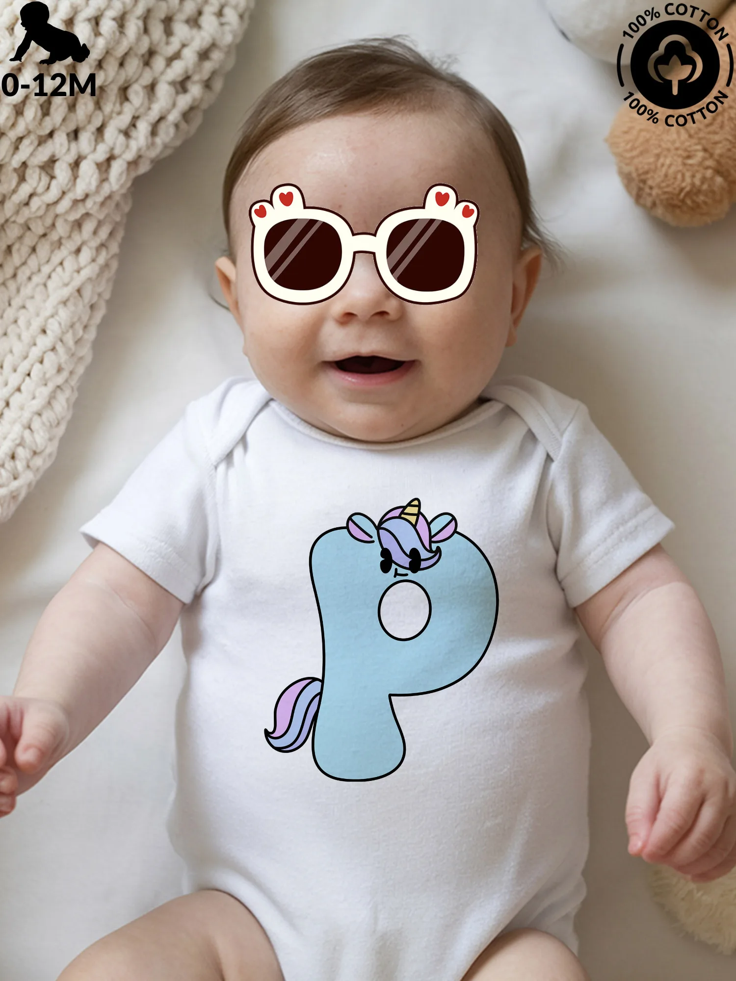 

Детский комбинезон-слип унисекс с буквой P и единорогом, из чистого хлопка, мягкий, всесезонный, белый, 190 г/м²