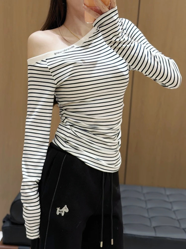 

Женский шерстяной топ Laid-ba Chic с диагональным вырезом на плече, в полоску, с цветовыми блоками, повседневный, длинный рукав, с завышенной талией