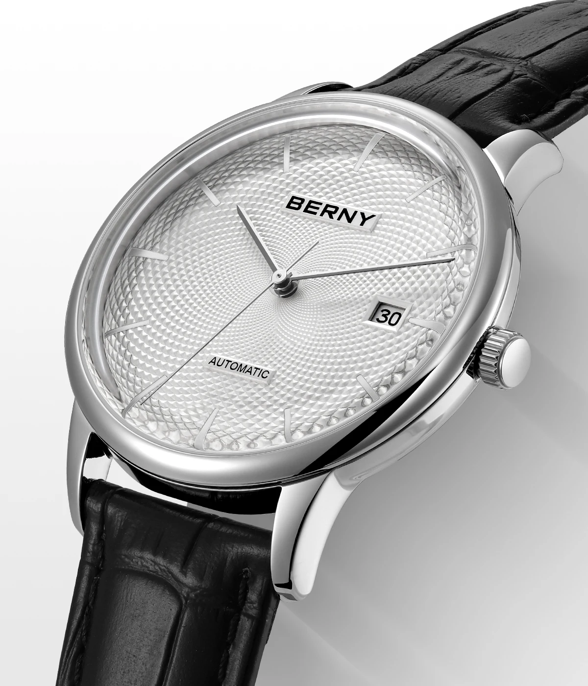 BERNY Automatikuhren für Herren, luxuriöse klassische mechanische Herrenuhr, gewölbtes Glas, Kalender, elegante, schlanke Armbanduhr – Detail 2