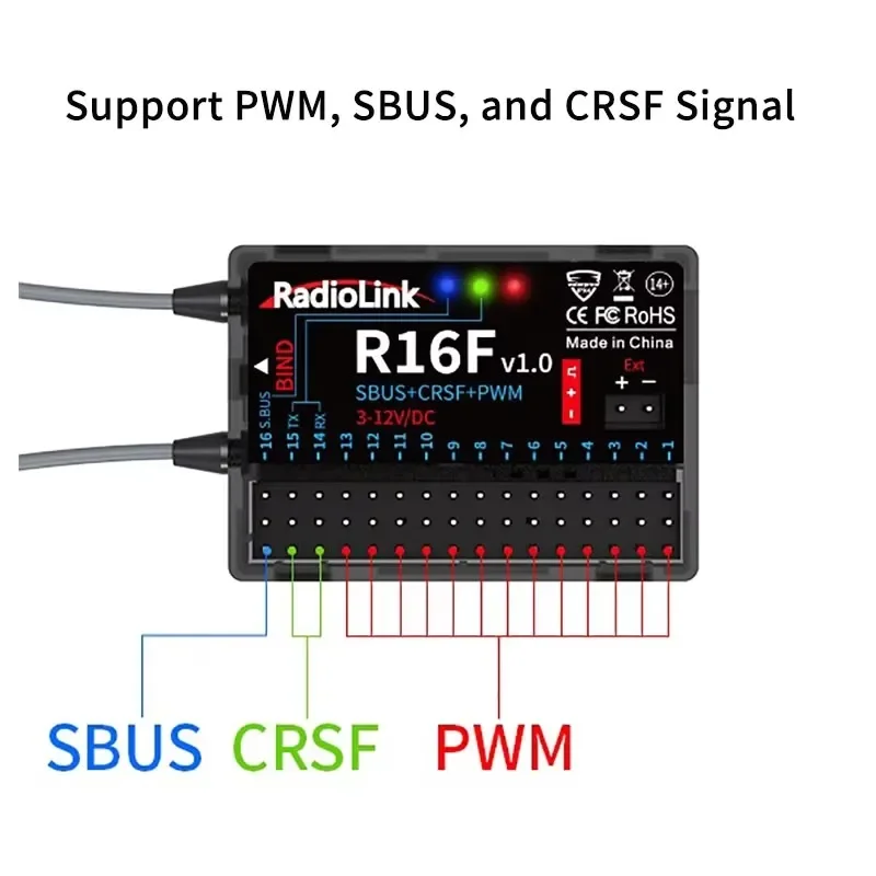 Radiolink R16F 16 Channle 2.4G Gyro RC Receiver Car Voltage Transmission Telemetry 600m Long Range RX for RC Car Boat Airplane