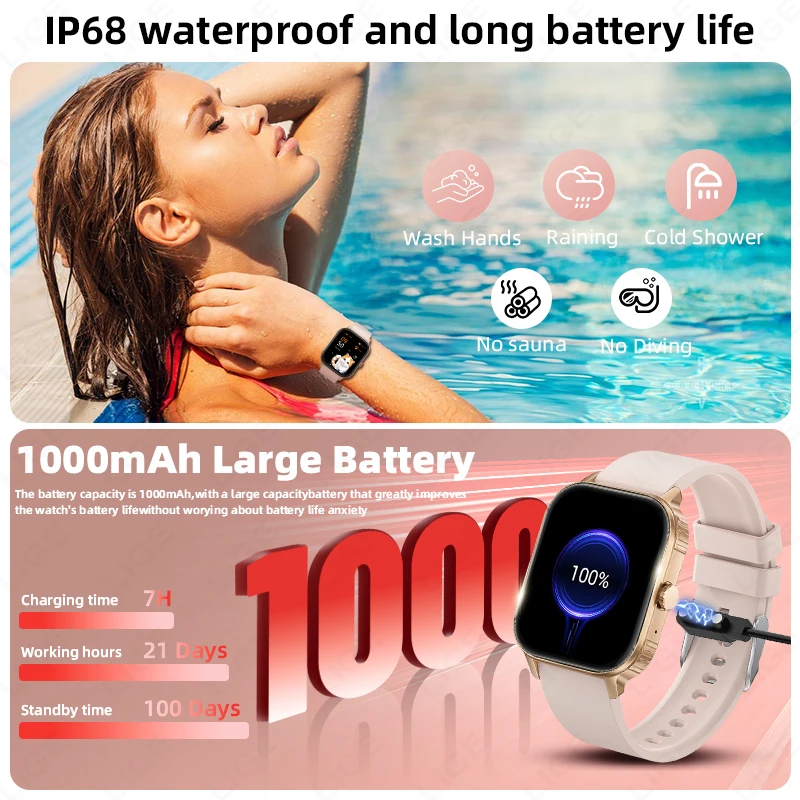 LUIK Nieuwe Smart Horloge Draadloos Oproep Voice Assistant IP68 Waterdicht 1000mAh grote batterij Multifunctionele Smart horloges voor Vrouwen