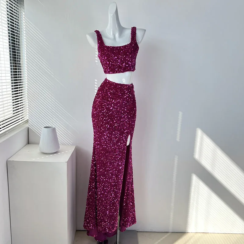 Sexy luxury sequins short vest top split half skirt set of two pieces 2024 New