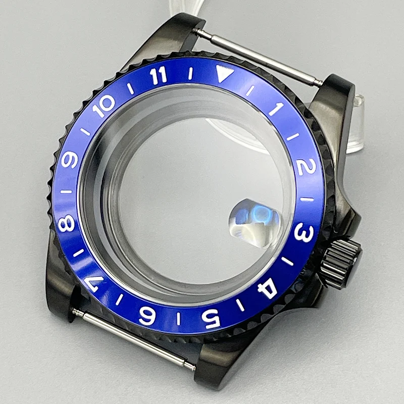 40mm NH35 SUB Watch Case Waterproof Black Steel Sapphire Crystal Glass Transparent Back Fit NH35 NH36 NH34 Movement Watch Case