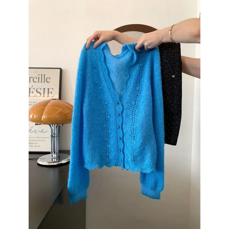 Women Korean Chic V Neck Hollow Out Scalloped Knit Cardigan Long Sleeve Loose Elegant Fall Winter Sweater Coat