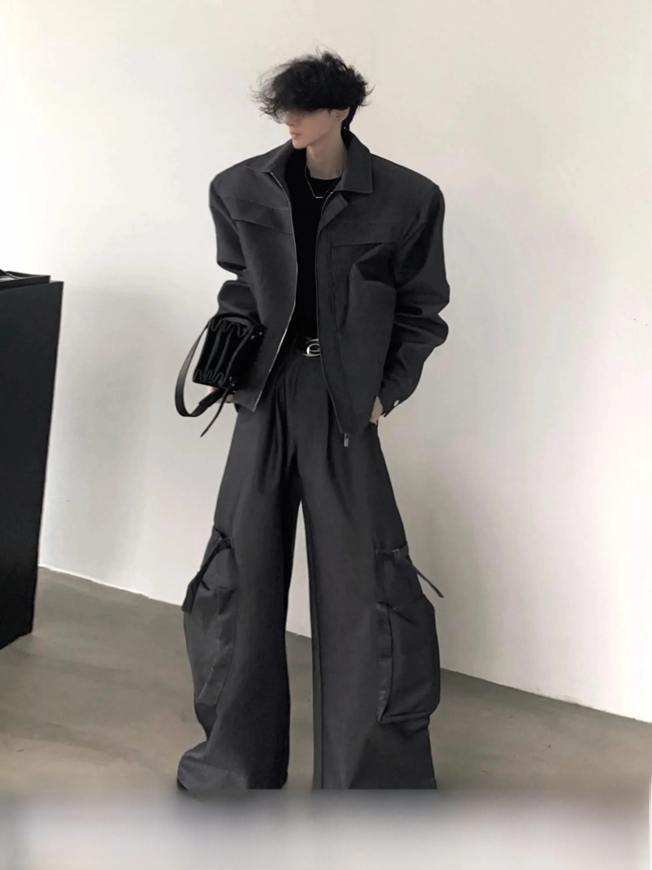 Shoulder Pad Set In - Costume homme gris oversize, pantalon de