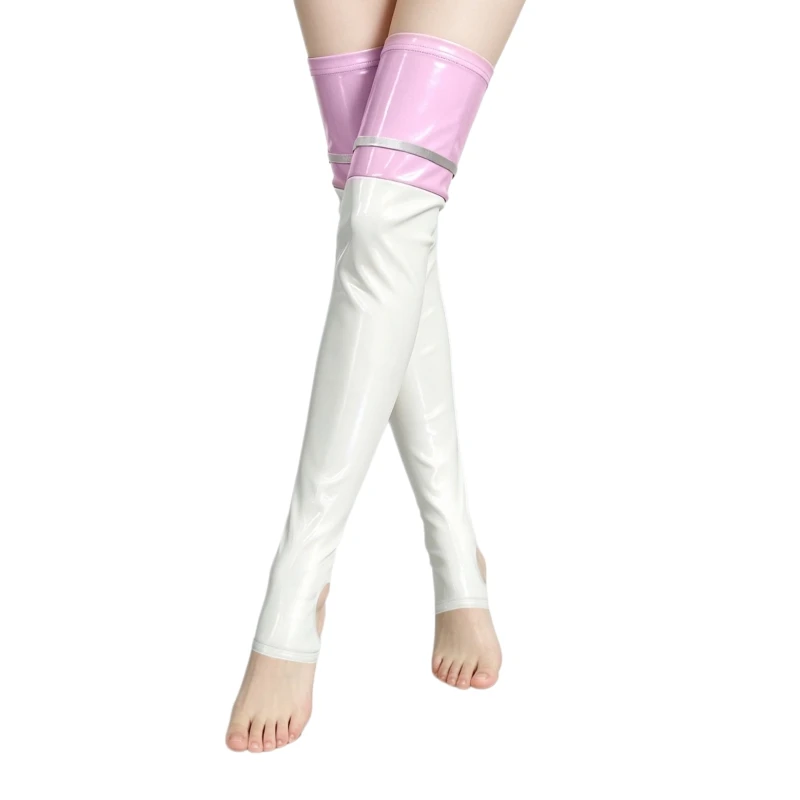 Plus Size Mirror Shiny Patent Leather Thigh High Stockings Women Sexy Contrast Color Pole Dance Clubwear Footless Cosplay Medias