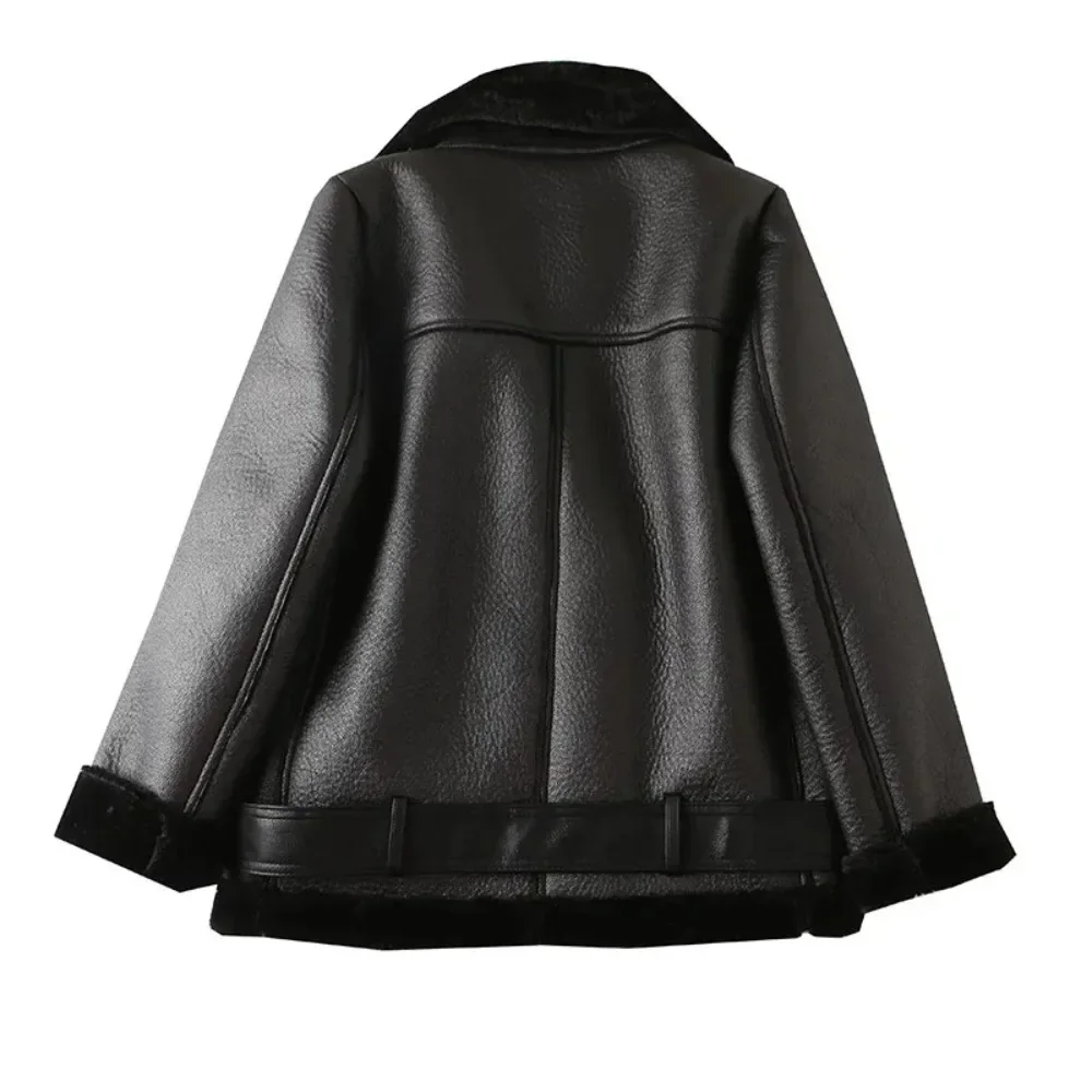 2025 Women Leatherette Coat Female Loose Outwear Extra Thick Warm Extra Thick Lamb Wool New Autumn Winter Pu Leather Jacket