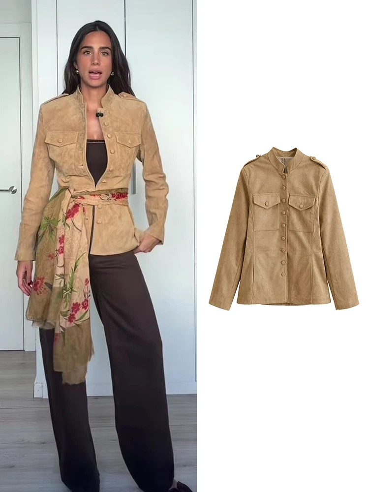 TFMLN New Women's Slim Suede Jacket Single Breasted Full Sleeve Pockets Female Coats 2026 Autumn Solid Commute Outerwear