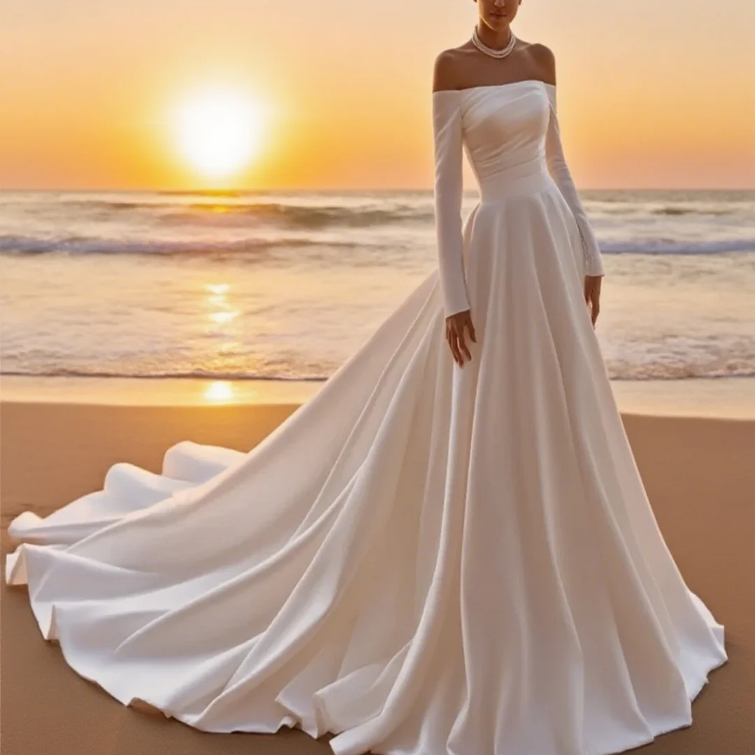 Customized minimalist satin dress, sexy off-shoulder wedding gown, bride, formal wedding dress for women