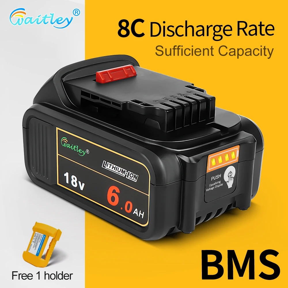 Waitley 6Ah Battery Compatible with DEWALT 18V 20V power Tools DCB184 DCB200 rechargeable accessories Lithium-ion batteries