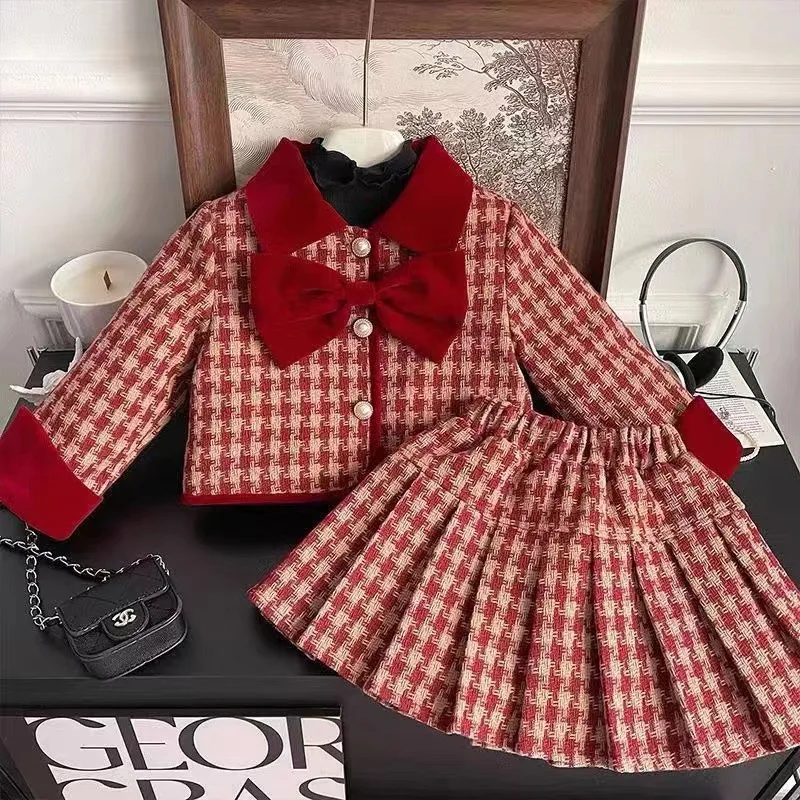 South Korea Little Girl2024Autumn New Fashionable Stylish Love Button Sweater Coat Tartan Skirt Two-Piece Suit