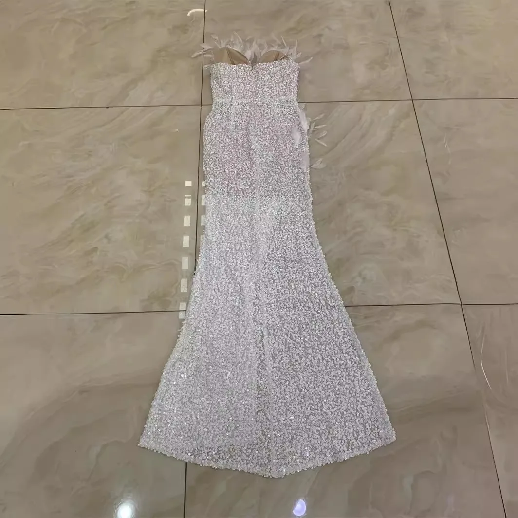 Ele Feathers Pailletten Perlen Hoher Schlitz Weiß V-Ausschnitt Träger Dr Abendhochzeitskleid Thi Gestrickte Baumwolle Hohe Taille