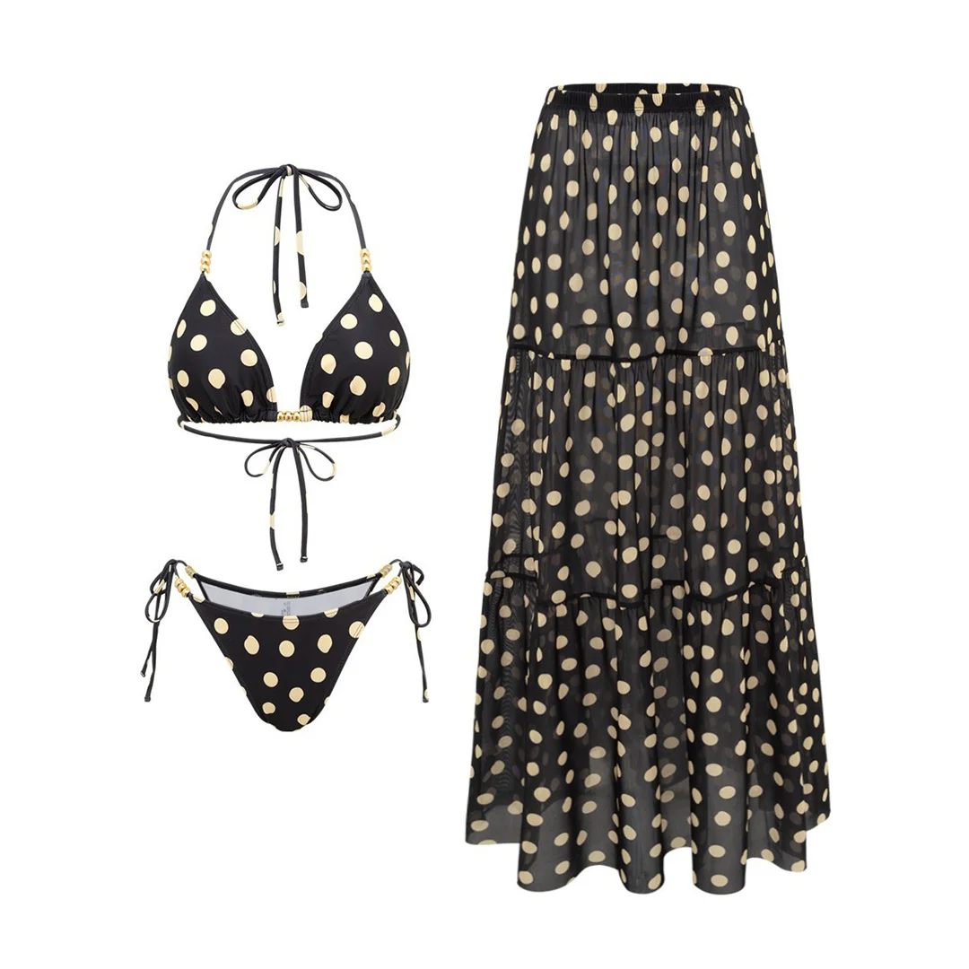 XS - L Polka Dot mit Rock Neckholder-Bikini Damen-Badebekleidung Dreiteiliges Bikini-Set Badeanzug Badebekleidung V8282 – Detail 4