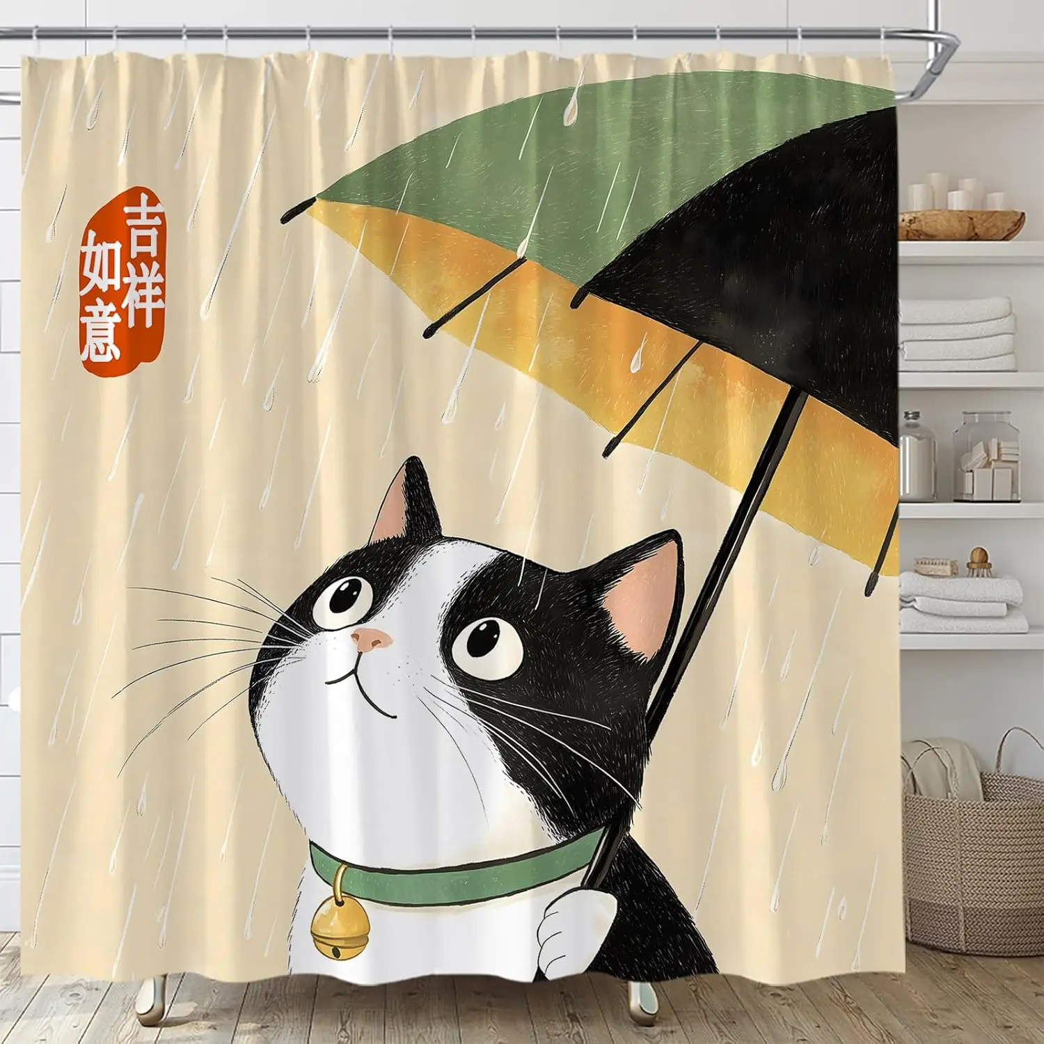 

Занавеска для душа с забавным котом, азиатская японская аниме-тварина, милый котенок, винтажный стиль, тканевый комплект занавесок для ванной комнаты с крючками