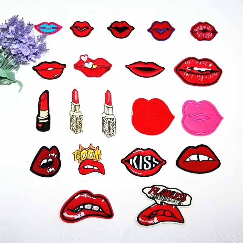 10Pcs/lot Sexy Lips Patches For Kids Women Clothes DIY Stripes Iron On Red Lipstick Applique Thermo Embroidery Heart Badges