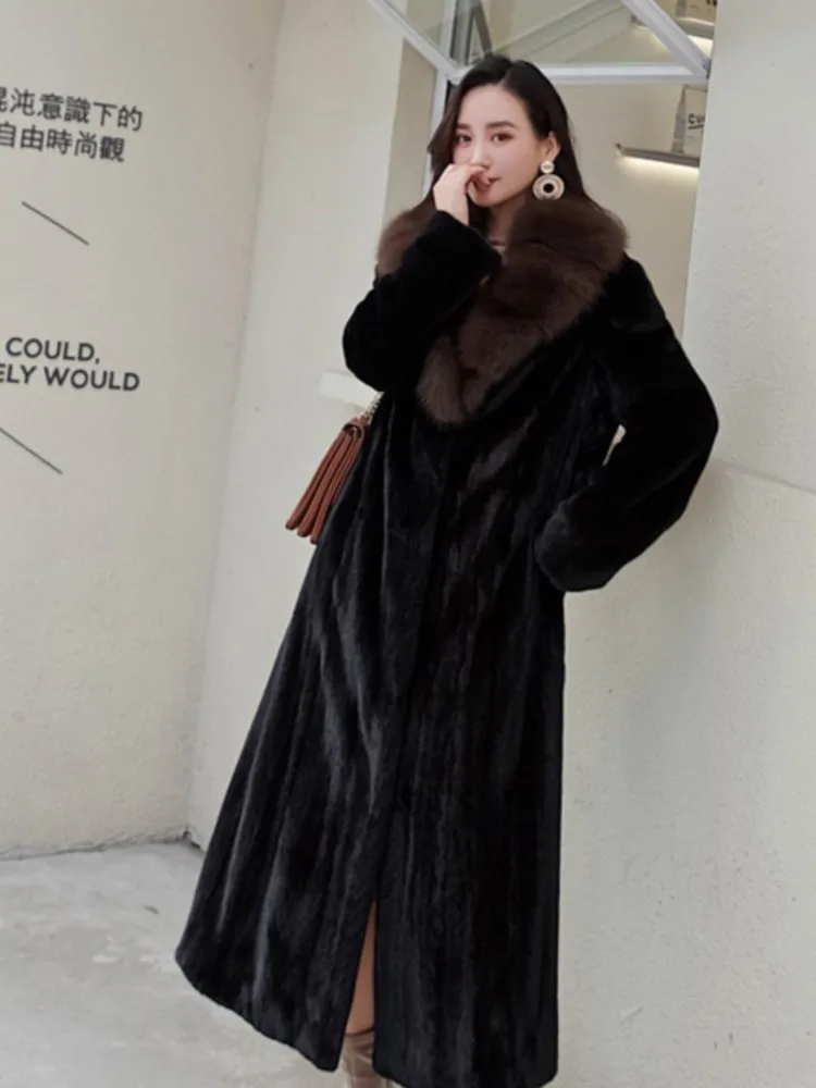 المرأة أنيقة فو الفراء طوق معاطف طويلة الكورية خمر الأسود لينة الفراء معاطف دافئة شتاء موضة جديدة فو الفراء معاطف