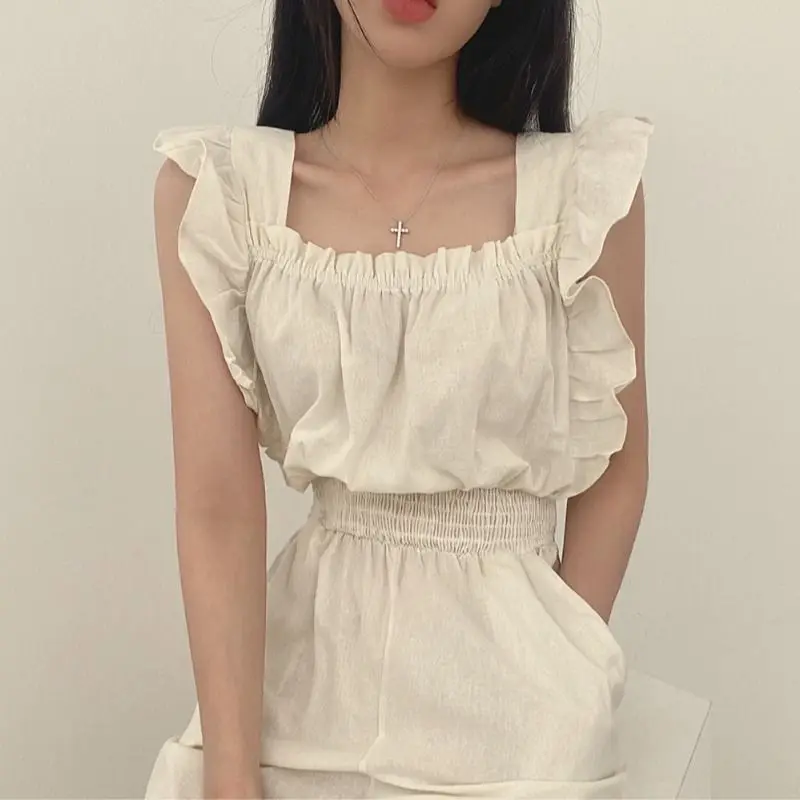 Korean Commute 2024 Summer Women's Pants Solid Color Patchwork Elastic Shirring Ruffles Square Neck Short Sleeve Slim Jumpsuits