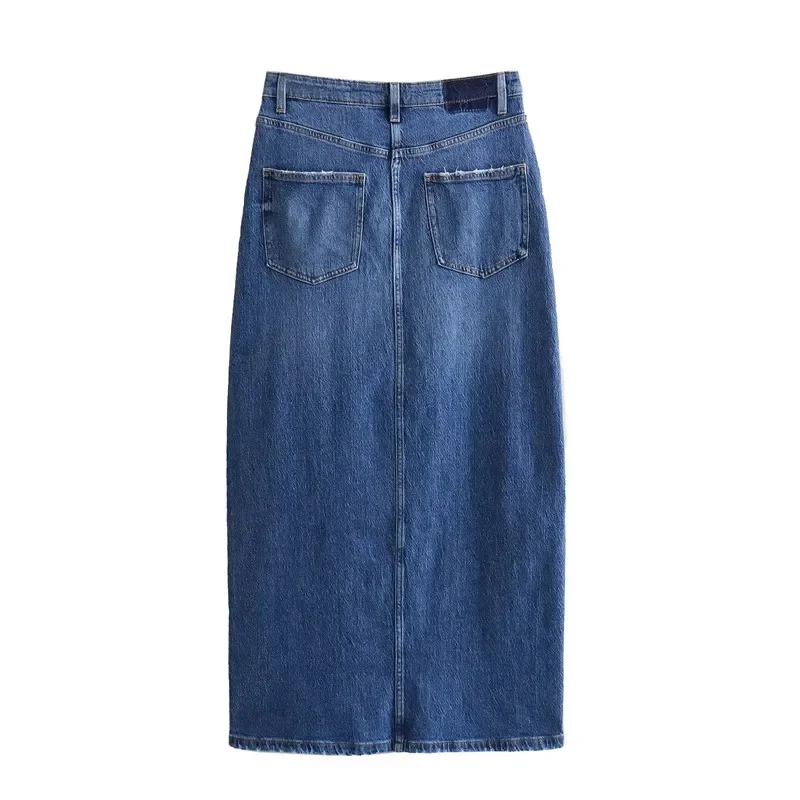 TRAF Blue Midi Jeans Skirt For Women Vintage High Waist Denim Skirt Woman Spring Slit Skirt Y2k Streetwear Stylish Long Skirts