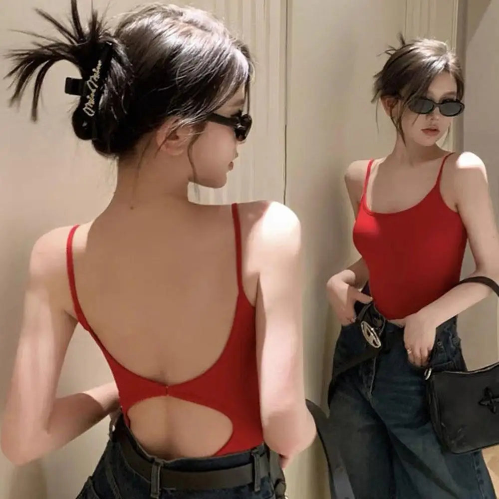 Gorąca Pikantna Dziewczyna Odkryte Plecy Top na Ramiączkach Obcisłe Body Damskie Bez Rękawów Bez Pleców Bodycon Cienkie Ramiączka Damska Modna Czerwona Kamizelka 2025