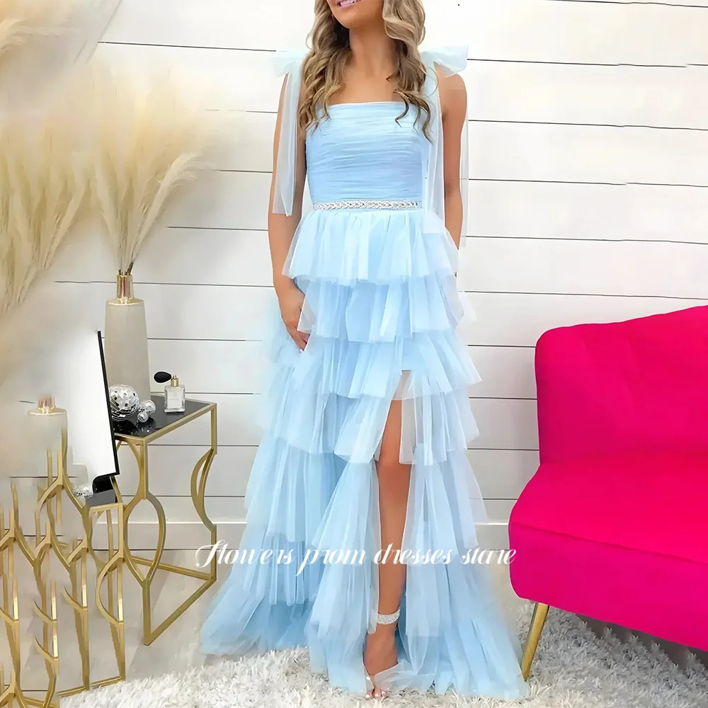 

Flowers A Line Party Dress Bow Straps Evening Dress Multilayers Princess Gowns with Belt Puffy Women Vestido De Novia Customized
