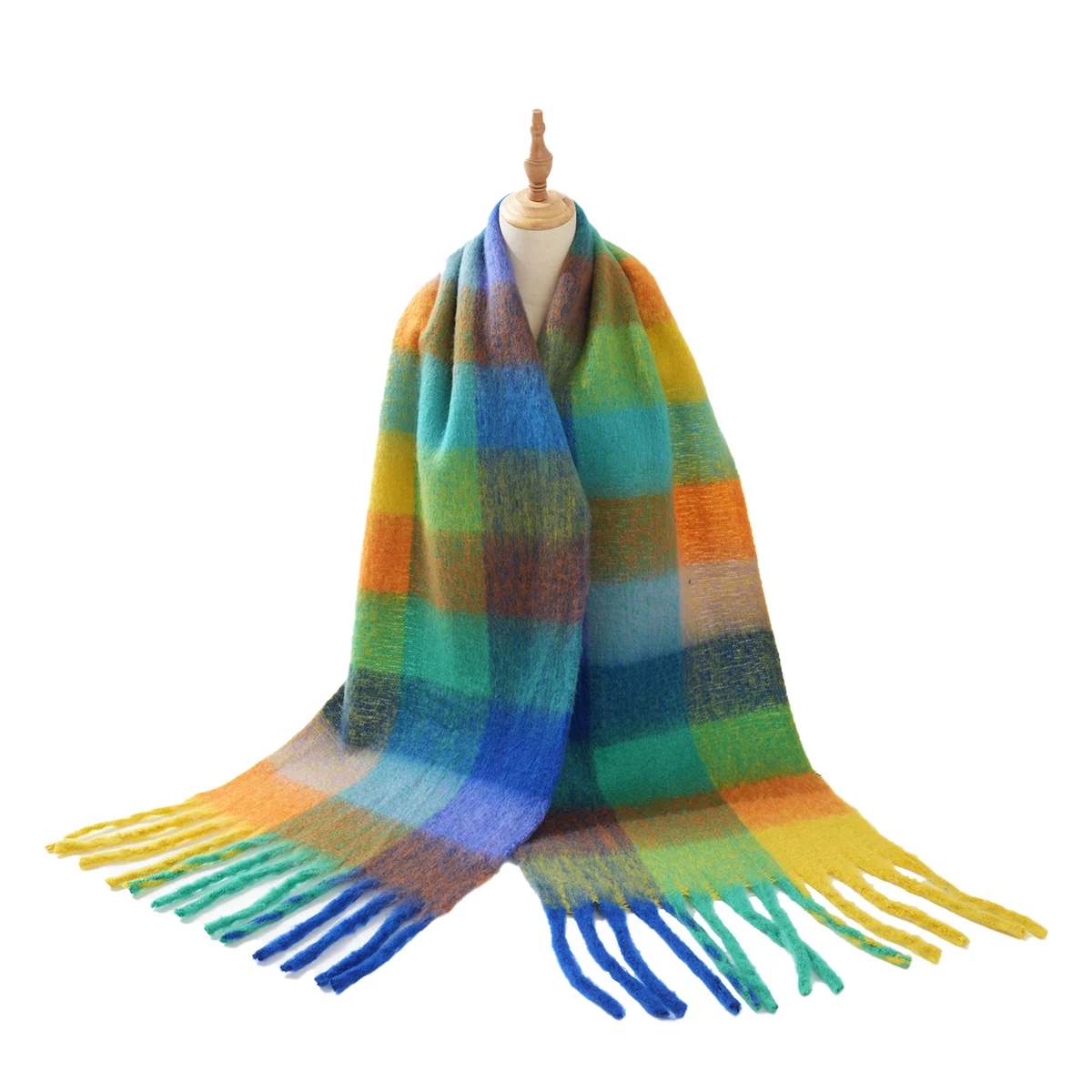 New fashionable imitation cashmere mohair colored ac plaid scarf, casual, soft, thick, warm, long tassel winter scarf shawl