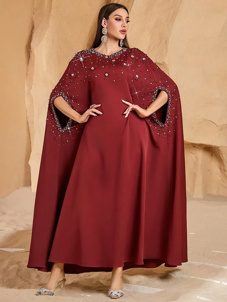 2025 Rhinestone Beaded Batwing Sleeve Abaya Muslim Dress Women Robe Ethnic Dubai Moroccan Kaftan Ramadan Arabic Islamic Clothes