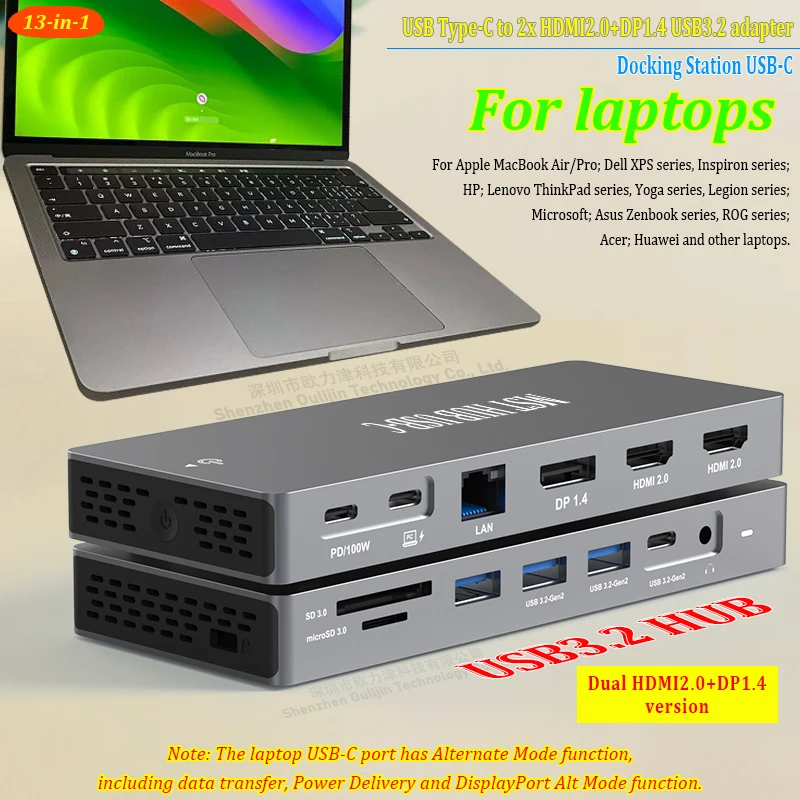 

USB-C Docking Station 2x HDMI DP 4K 60HZ HD displayport MST HUB USB3.2 Gen2 10Gbps Gigabit Ethernet PD100W fast charging Laptop