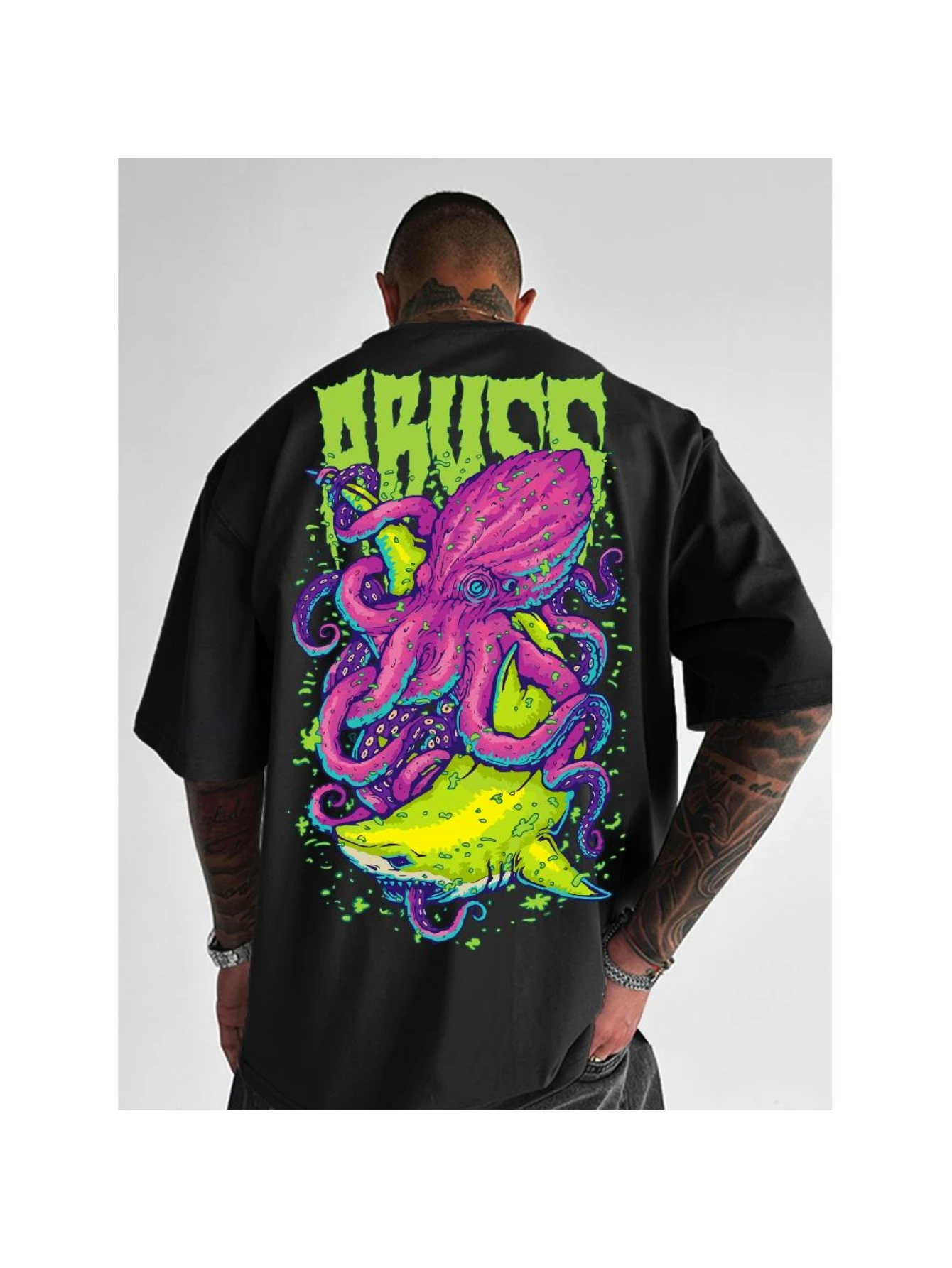 Graphic T Shirts for Man Acidic Neon Death Metal Street Style Octopus with Shark Print T-Shirt
