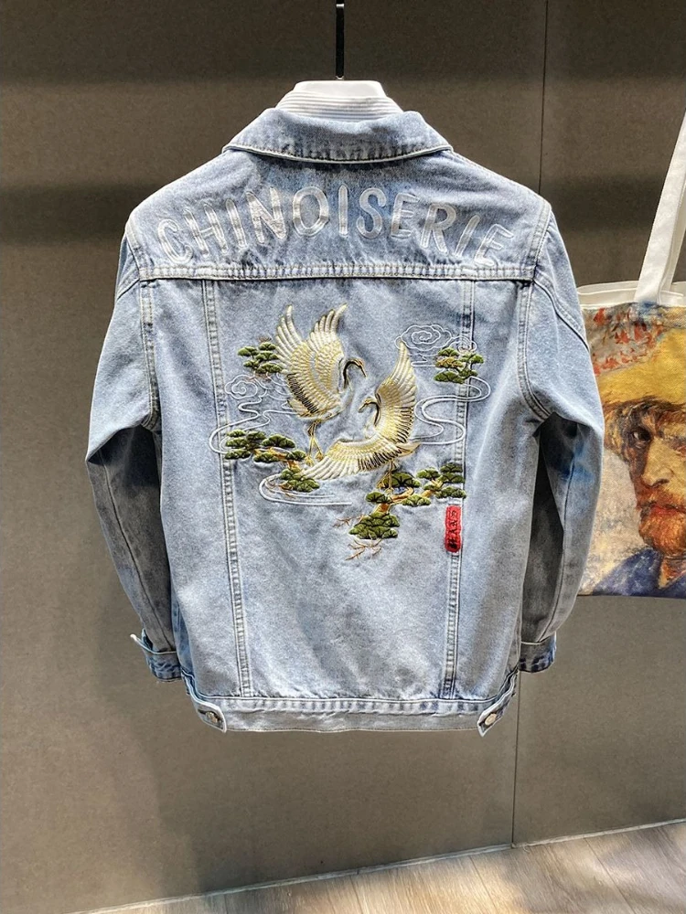 مع التطريز الدنيم الستر رجل النسيج رخيصة الثمن أنيق مطاطا روك اليابانية الرجعية الرجال سليم صالح كاوبوي معطف للرجال