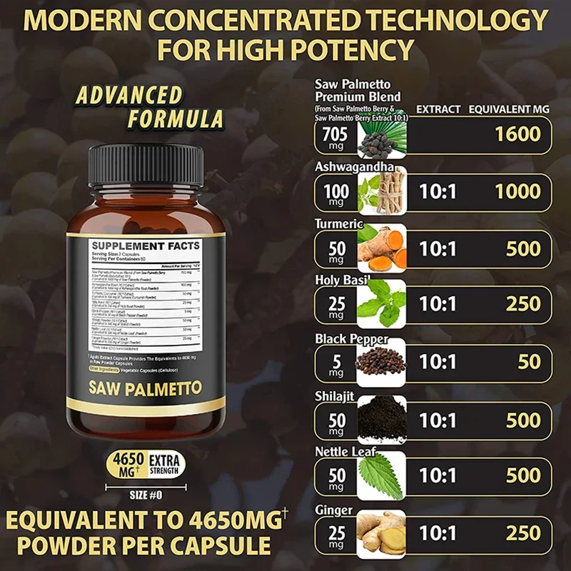 팔메토 톱 캡슐, Ashwagandha, 심황, 삼발톱, 마카, 건강한 전립선 및 모발 지지대 포함, 11 인 1