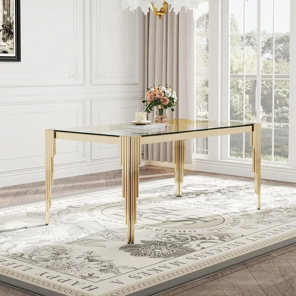 

Modern 65 Clear Glass Dining Table with Gold Stainless Steel Legs, Seats 6, Perfect for Kitchen, Living Room, or Office
