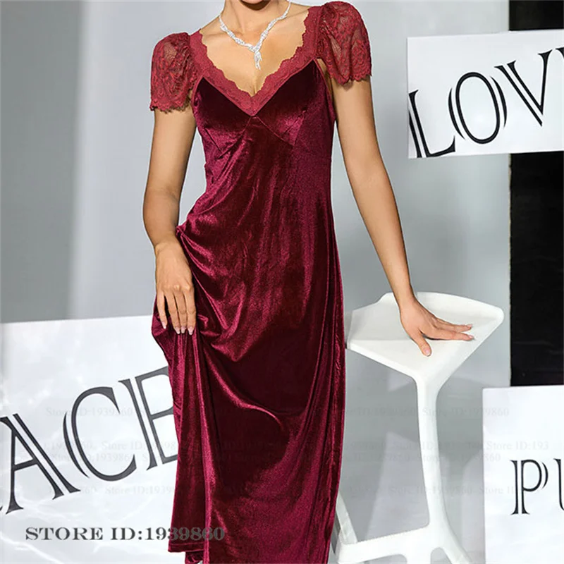 Autumn Winter Velvet Long Nightgown Chemise Sleepwear Sexy Burgundy Lace Nightdress Homewear Female Velour Loungewear Night Wear