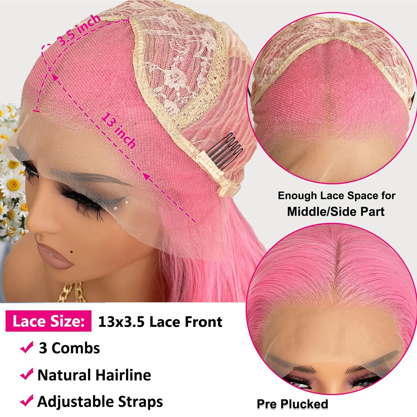 Wig renda depan merah muda 13x3 rambut palsu lurus panjang sintetis Wig Frontal tahan panas pra-pencabutan untuk wanita mode