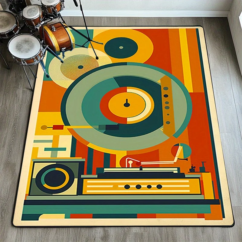 Vintage Record Player Retro Music Theme Non-Slip Floor Mat Washable Decorative Area Rug for Living Room Studio Office
