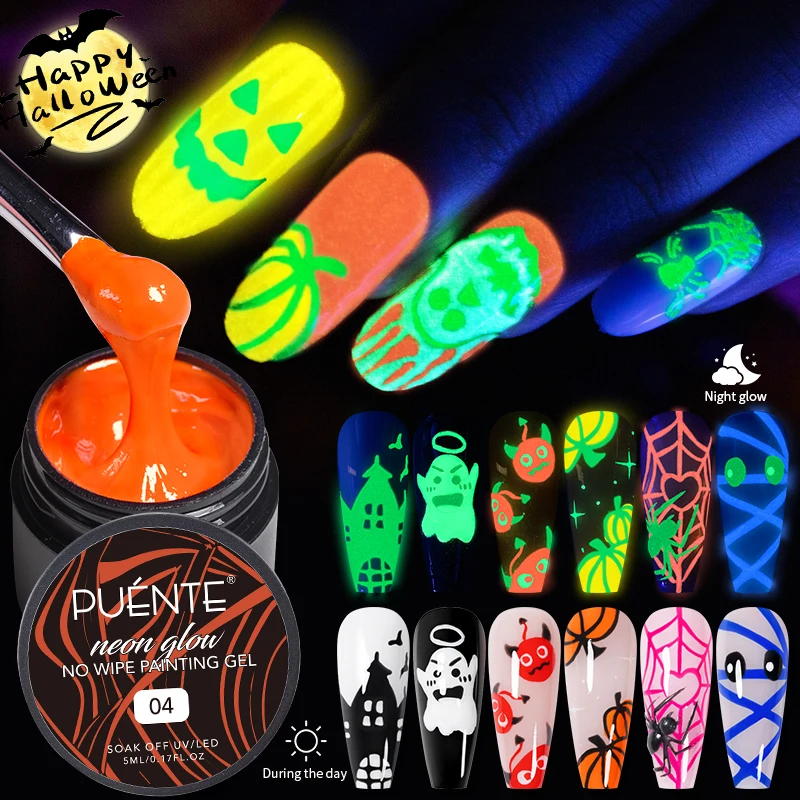 

PUENTE Glow-in-the-Dark Neon Colors No Wipe Painting Gel Nail Polish DIY Drawing Liner Gel Soak Off UV Nail Art Varnish Manicure