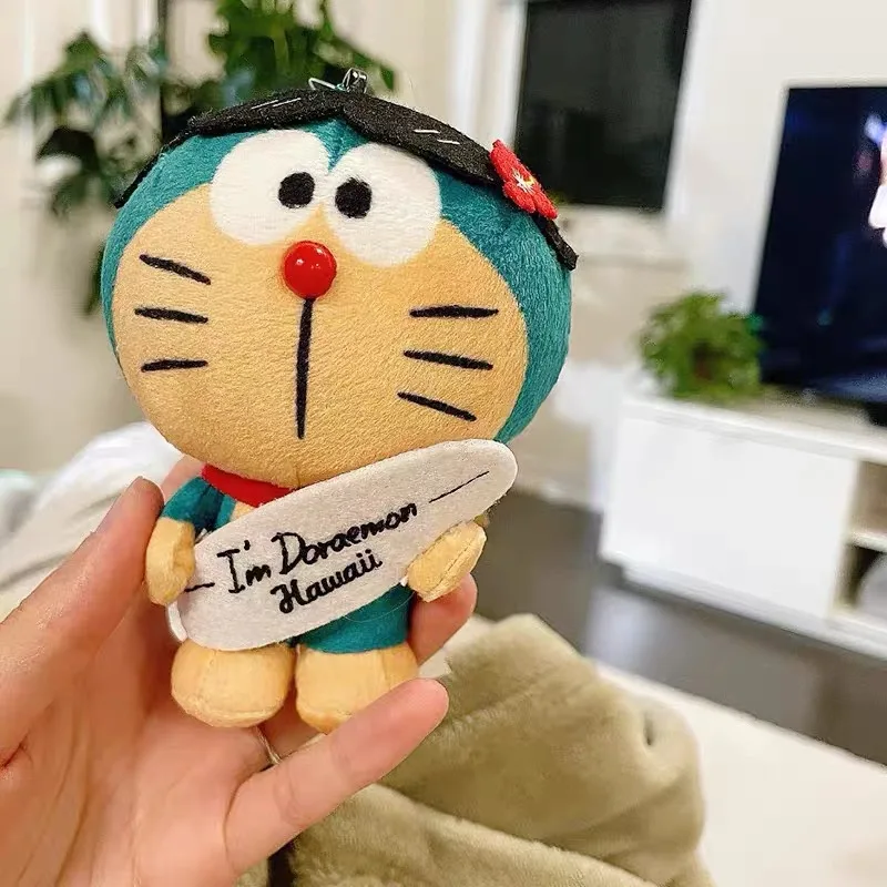 Llavero de peluche de Doraemon de piel negra estilo caricatura, con relleno de algodón PP, colgante decorativo para cremallera de mochila, ideal para fiestas hawaianas y surf.