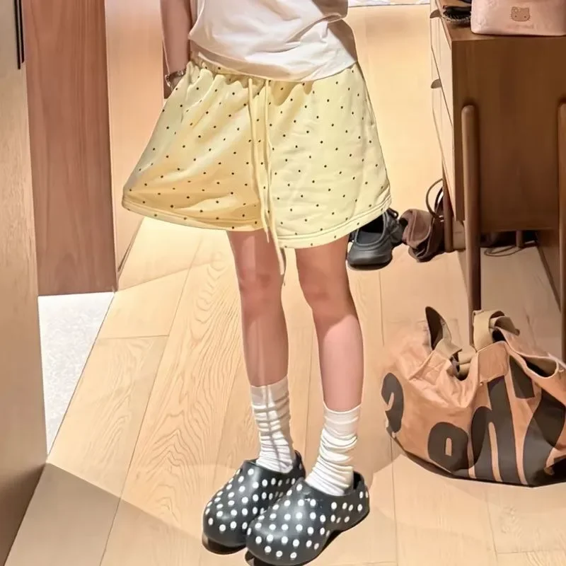 

Casual Sports Polka Dot Wide Leg Hotsweet Shorts Women's Clothing High Waist Loose Summer Fashionable Drawstring Straight Shorts